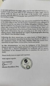 Lawyer writes N’Assembly, demands autopsy on late Police Inspector, Peter’s body